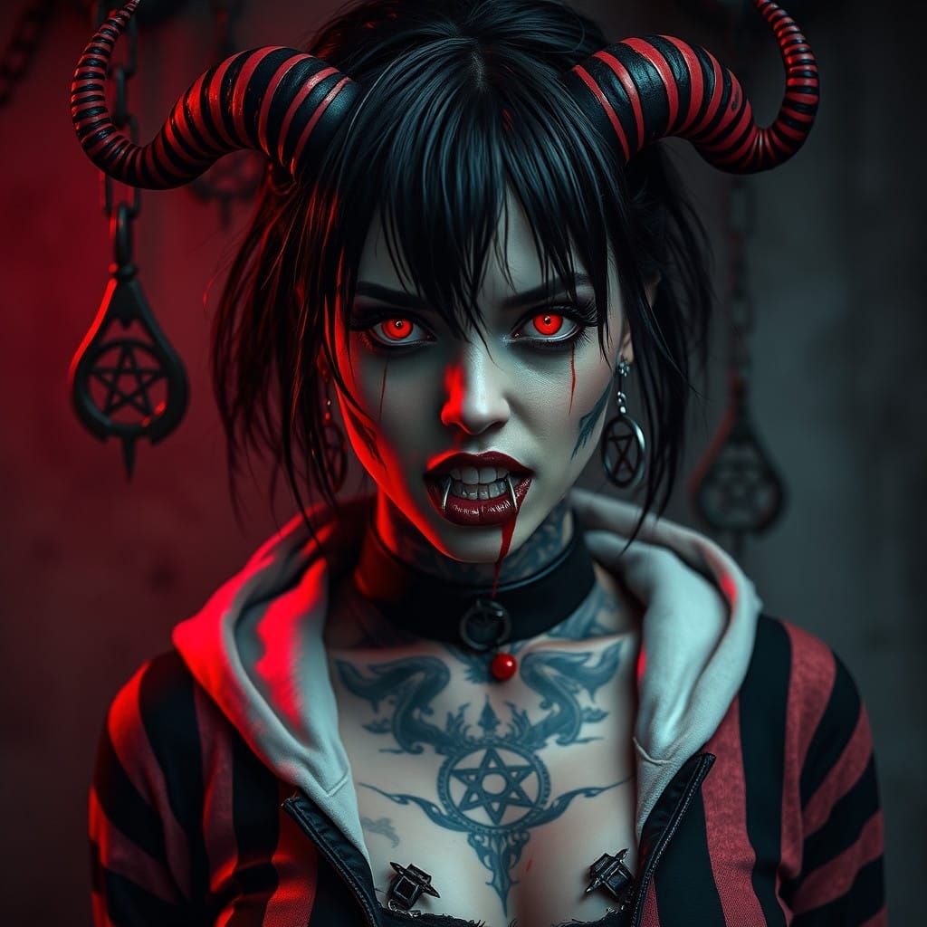 Gothic Horror Lady with Hyper-Realistic Tattoos and Red Glow...