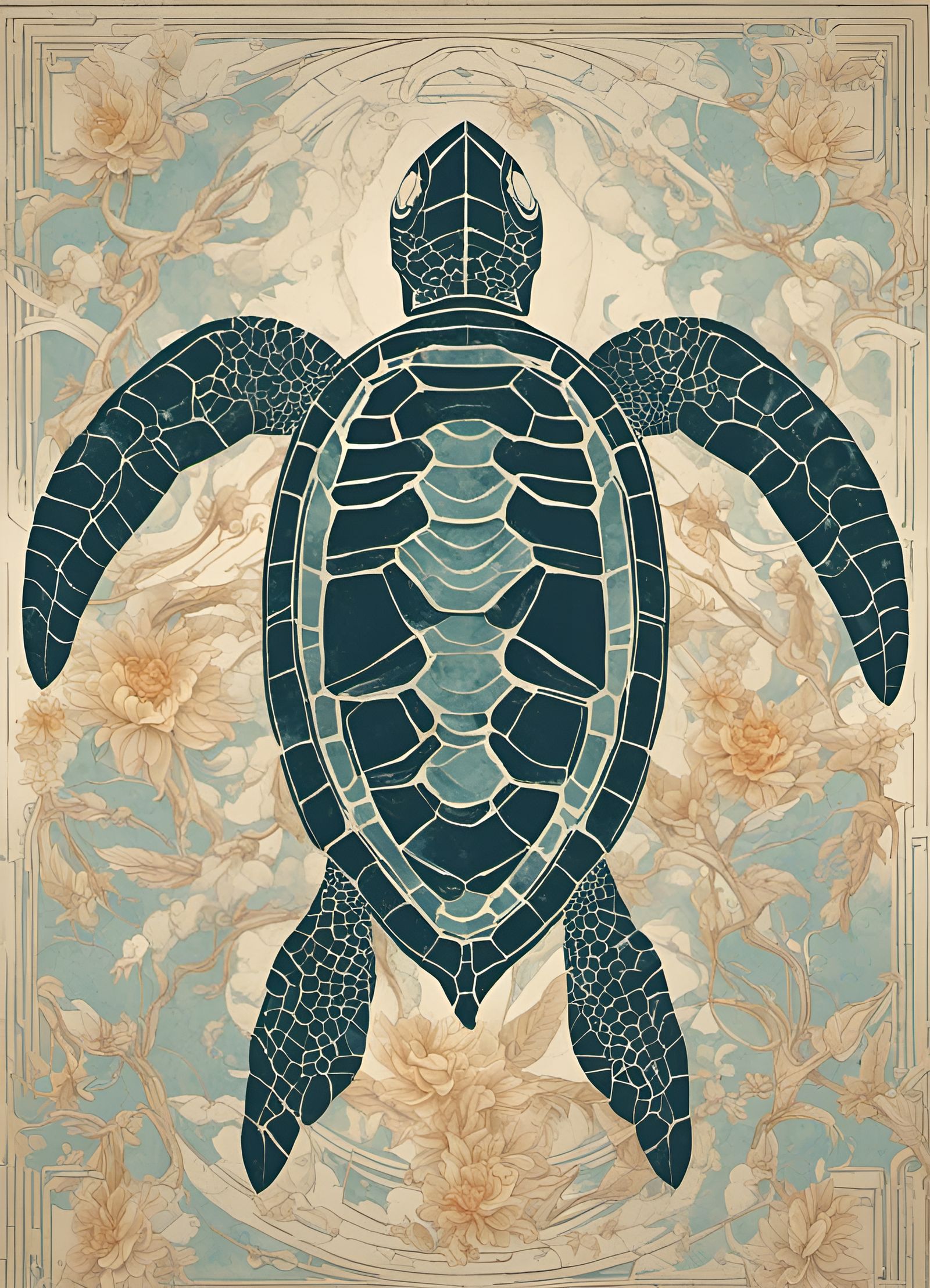 Art Deco Sea Turtle Illustration in Cafe Style