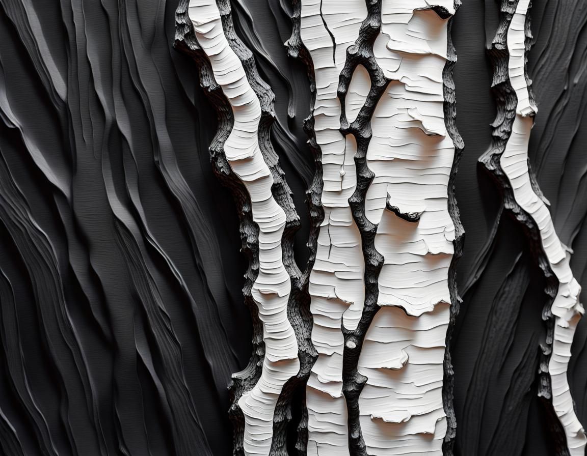 dried impasto painting of black and white tree bark