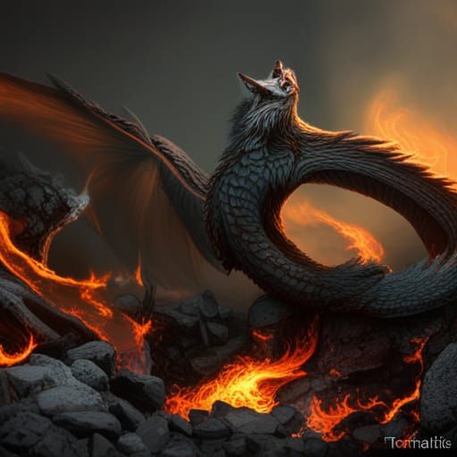 Fiery Wolf-Serpent Hybrid: Fantasy Concept Art