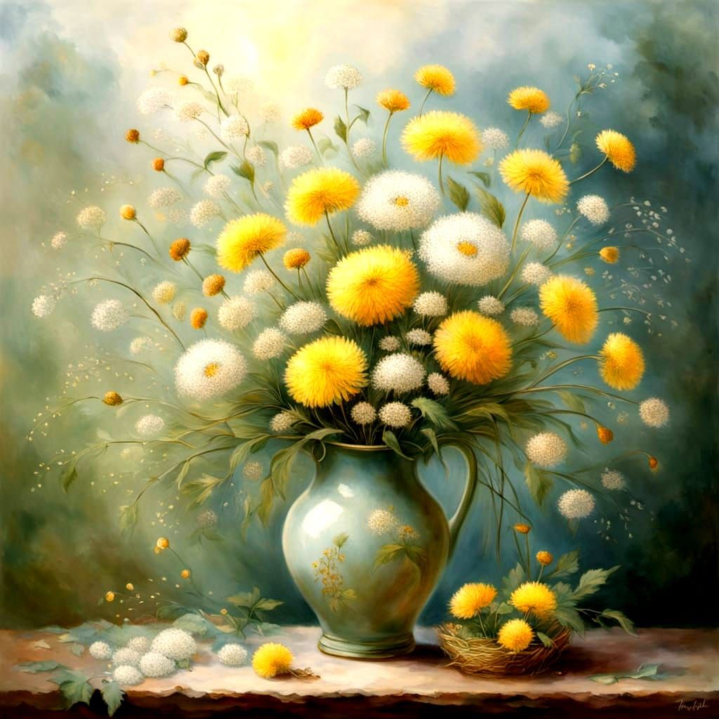 Ethereal Copper Vase Filled with Dandelions in Misty Woods