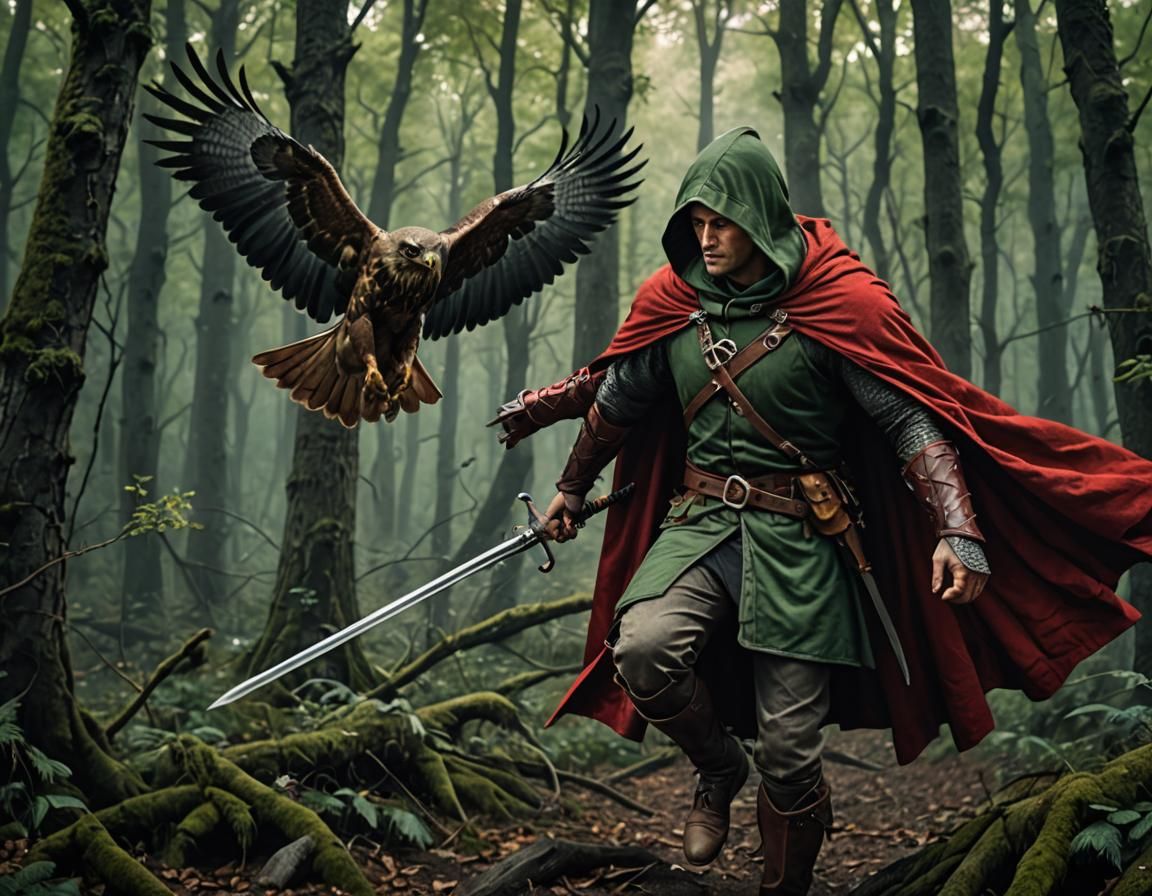 Medieval Warrior with Hawk in Dark Forest