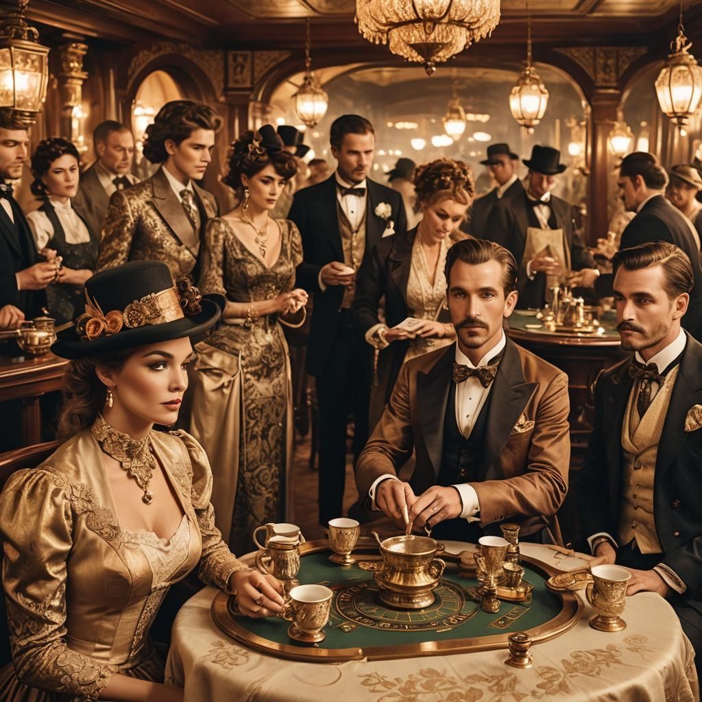 Steampunk Paddle Boat Scene with Elegant Guests