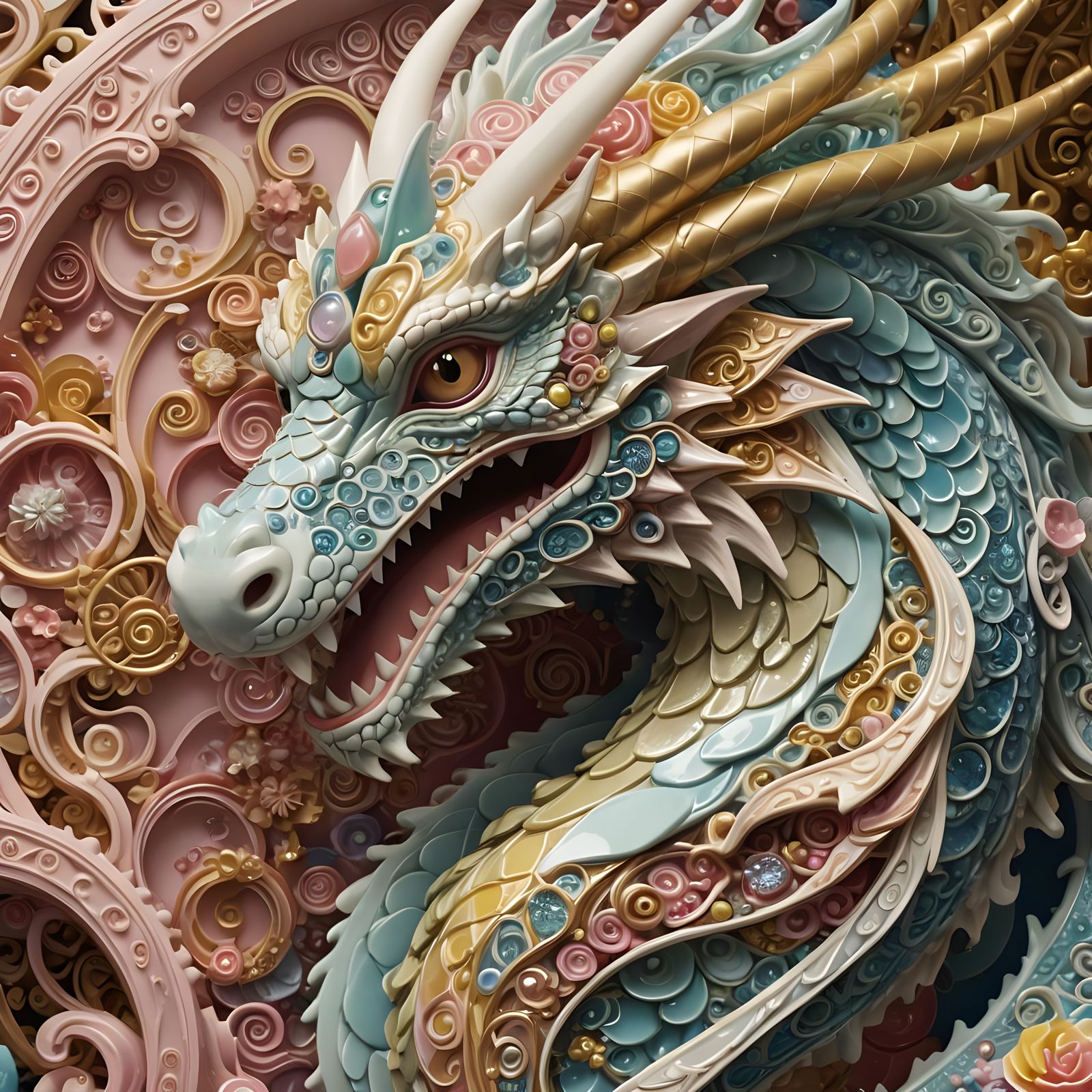 Candyland Dragon, Whimsical Porcelain Beast in Filigree