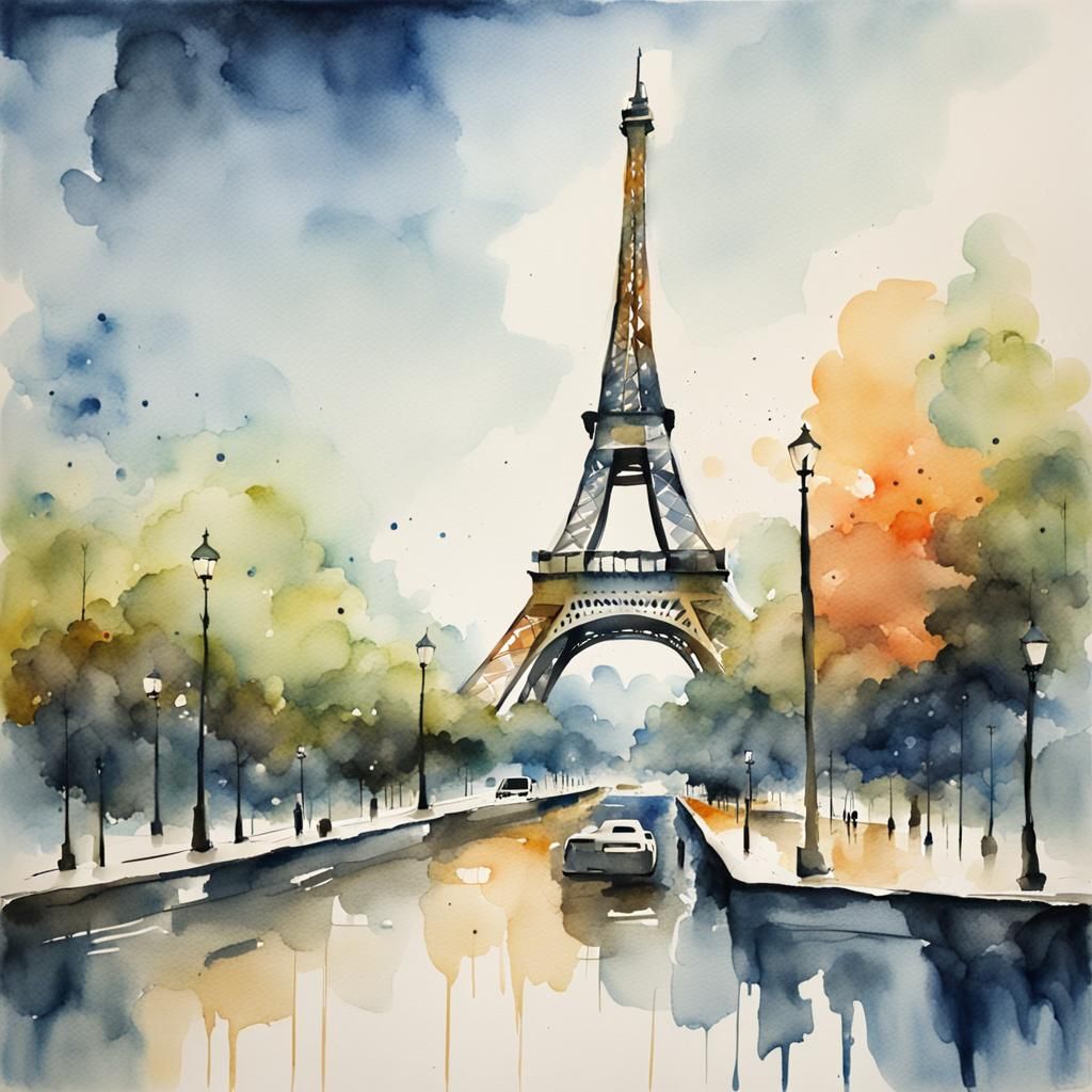 Eiffel Tower in Sparse Watercolor Abstract Art