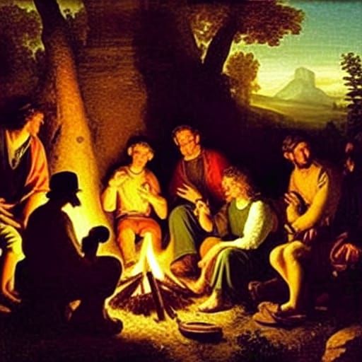 Chiaroscuro Campfire Gathering: An Old Masters Painting