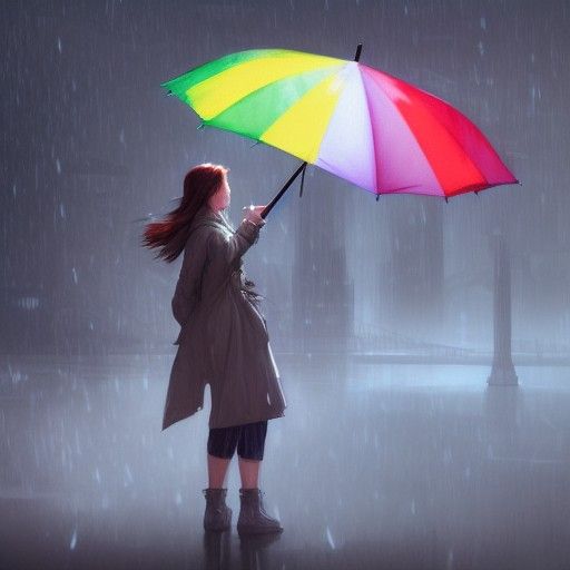 Girl with Rainbow Umbrella in Rainy City, Digital Art