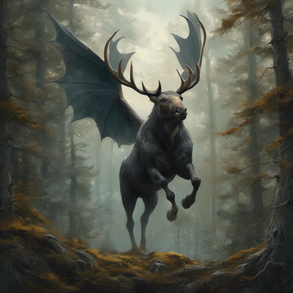 Fantasy Flying Moose Creature Over Boreal Forest