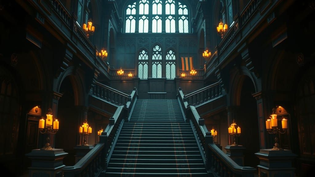 Epic Hogwarts Grand Staircase Film Still in Cinematic Style