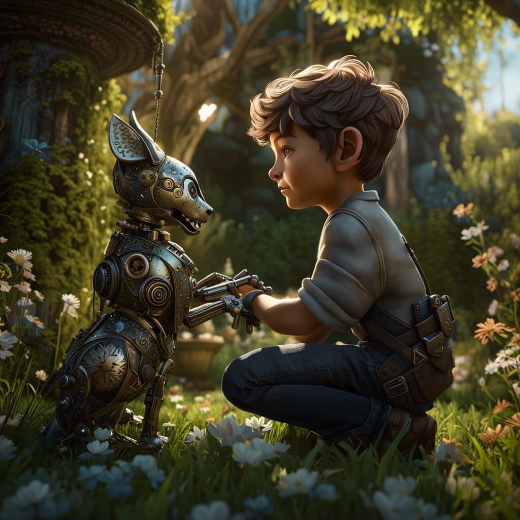 Boy and Biopunk Puppy-Cat in Garden