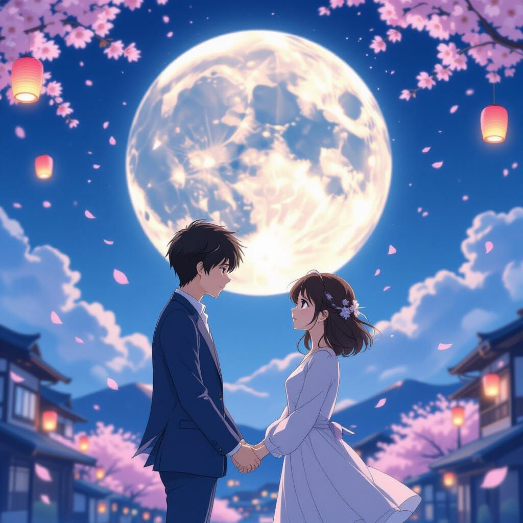 Anime Couple Under Luminous Moon with Floating Lanterns