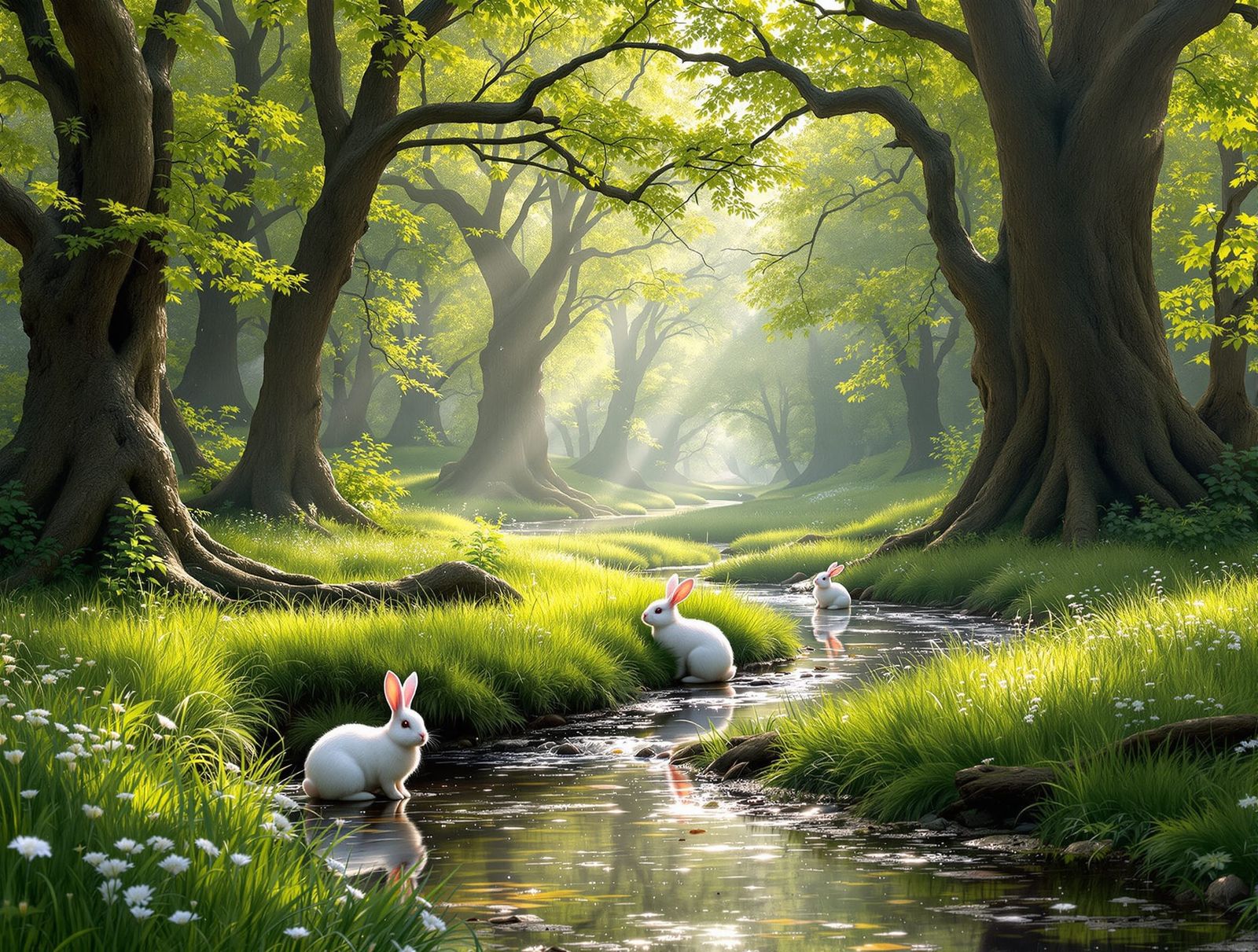 Idyllic Forest Clearing with Rabbits, Cinematic Lighting