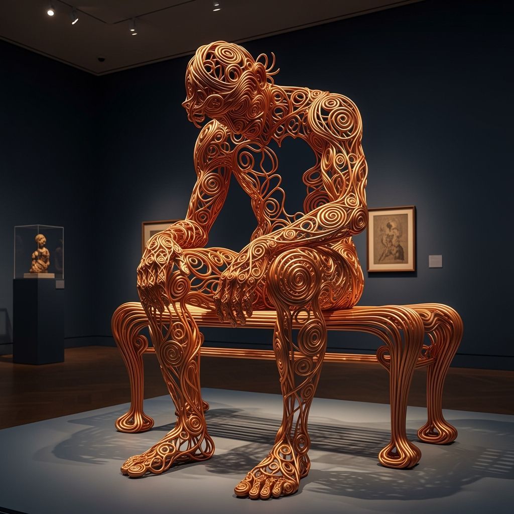 Copper Wire Sculpture of Sorrow in Art Nouveau Style