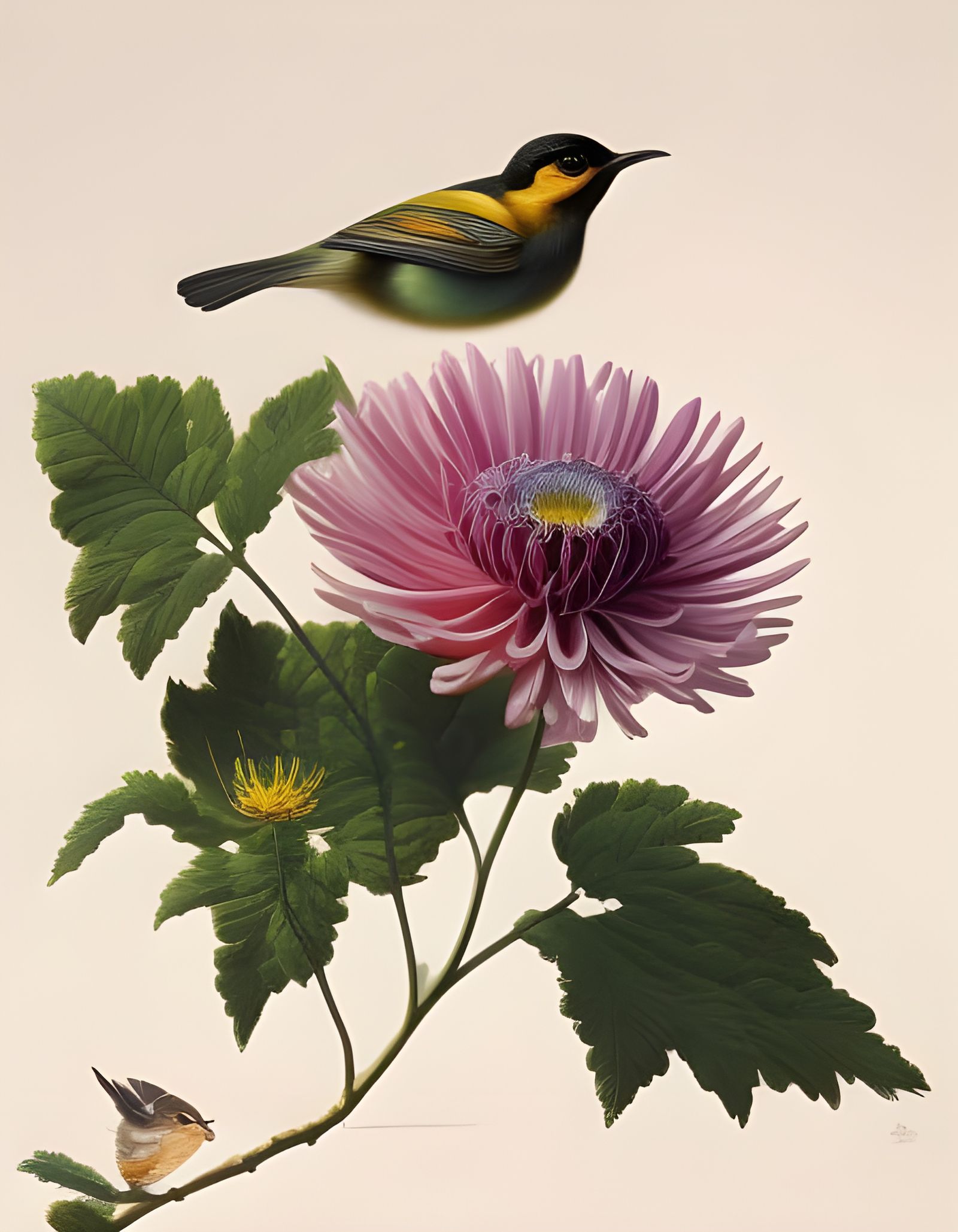 Surreal Bird and Chrysanthemum in Detailed Fantasy Style
