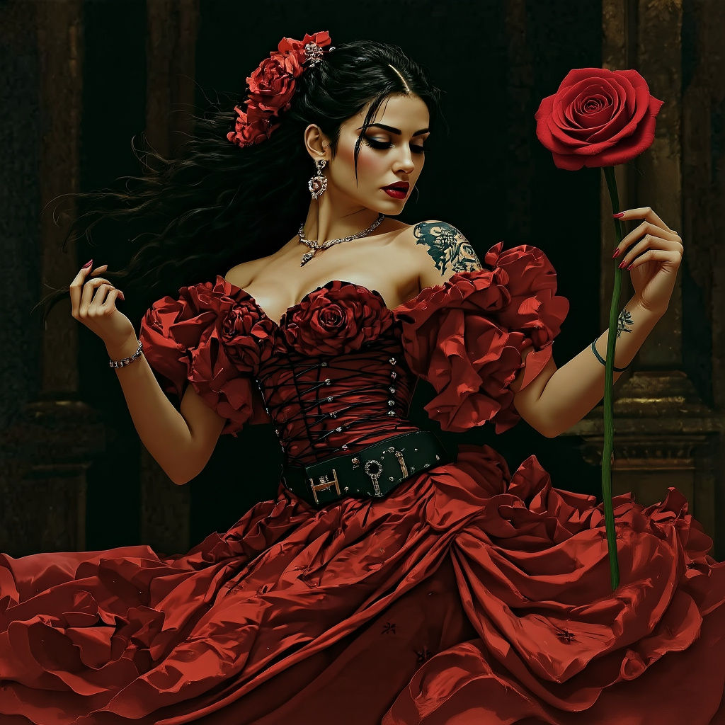 Spanish Woman Dancing in Red Dress with Rose Tattoo