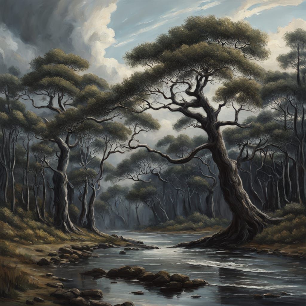 Impressionist Oil Painting of Trees Bent by Storm