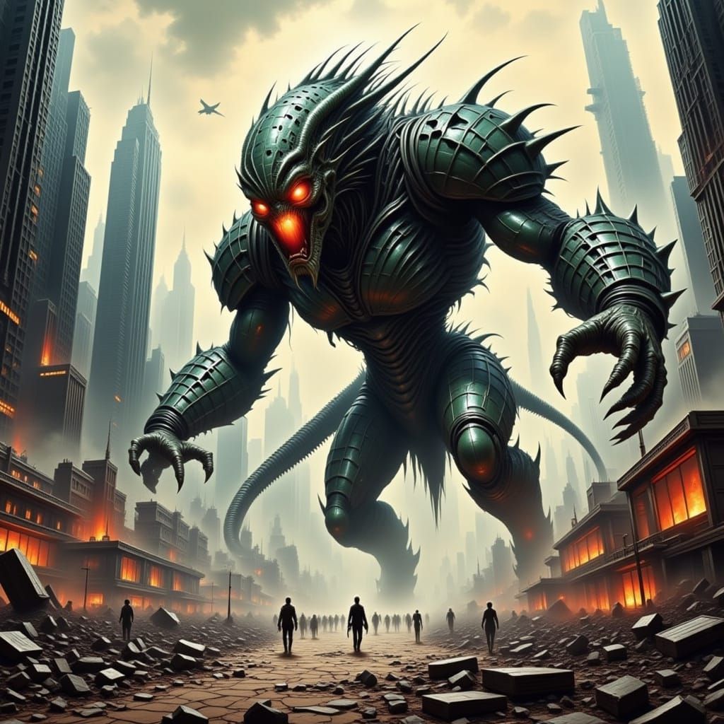 Cyberpunk Cityscape Devastated by a Towering Alien Beast