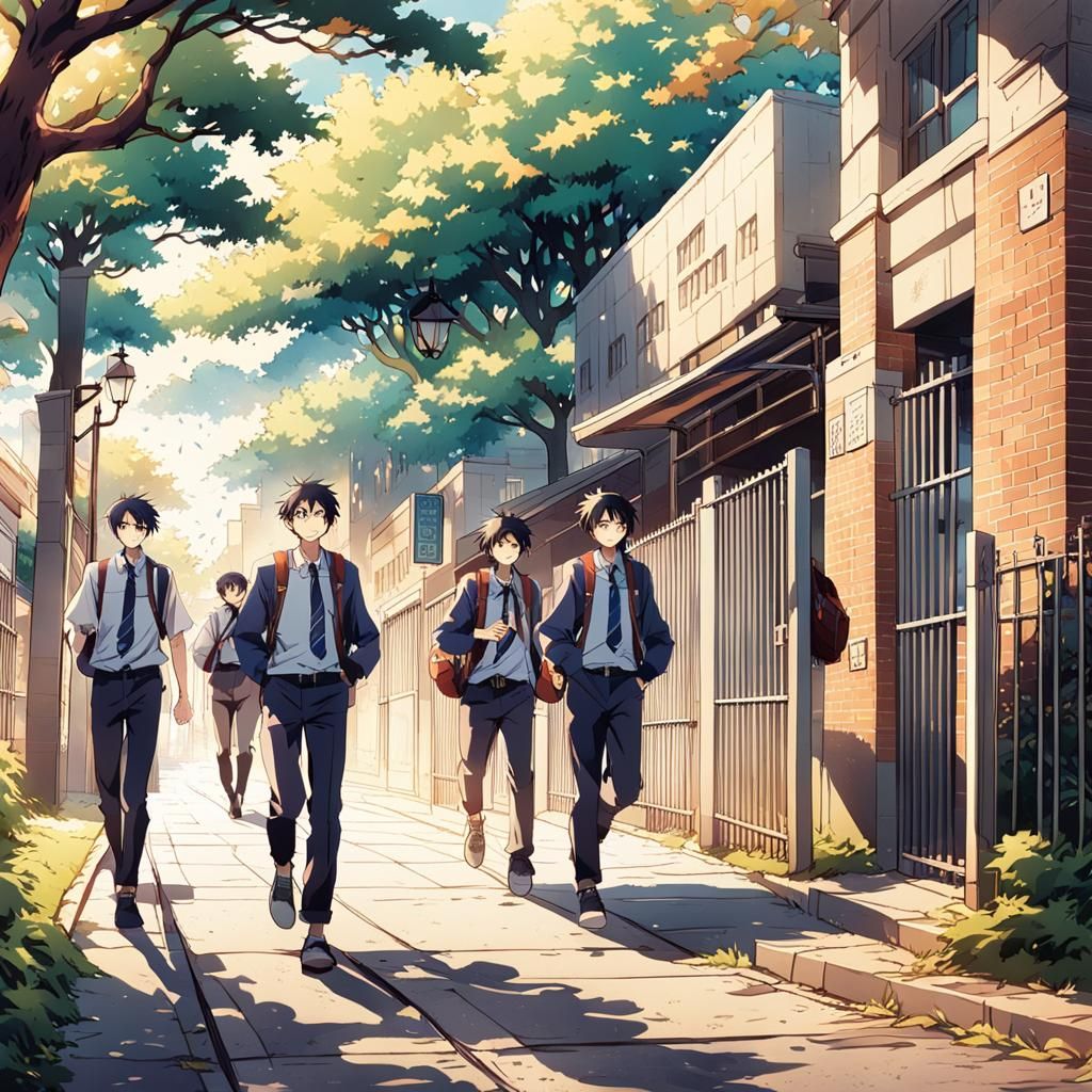 Anime Students Running to School in Morning Sunlight
