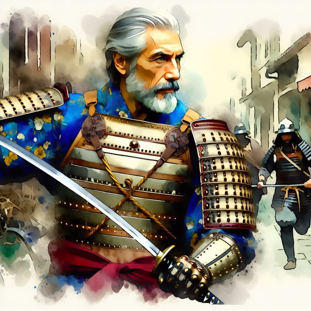 Italian Samurai Spins Katana in Watercolor Town
