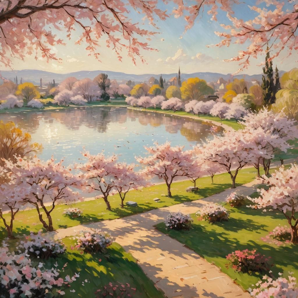 Cherry Blossoms in Impressionist Garden Painting
