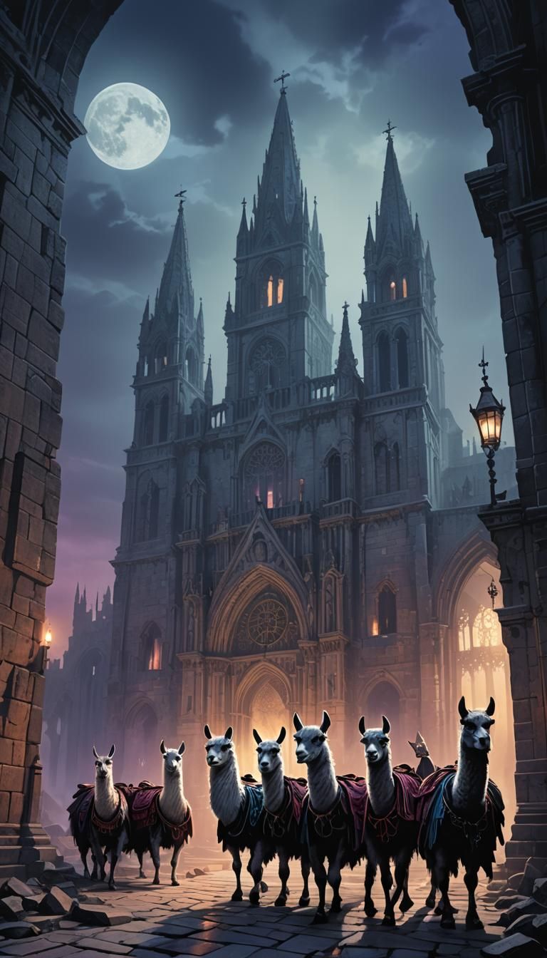 Gothic Llamas in Ruined Cathedral: Dark Fantasy Illustration