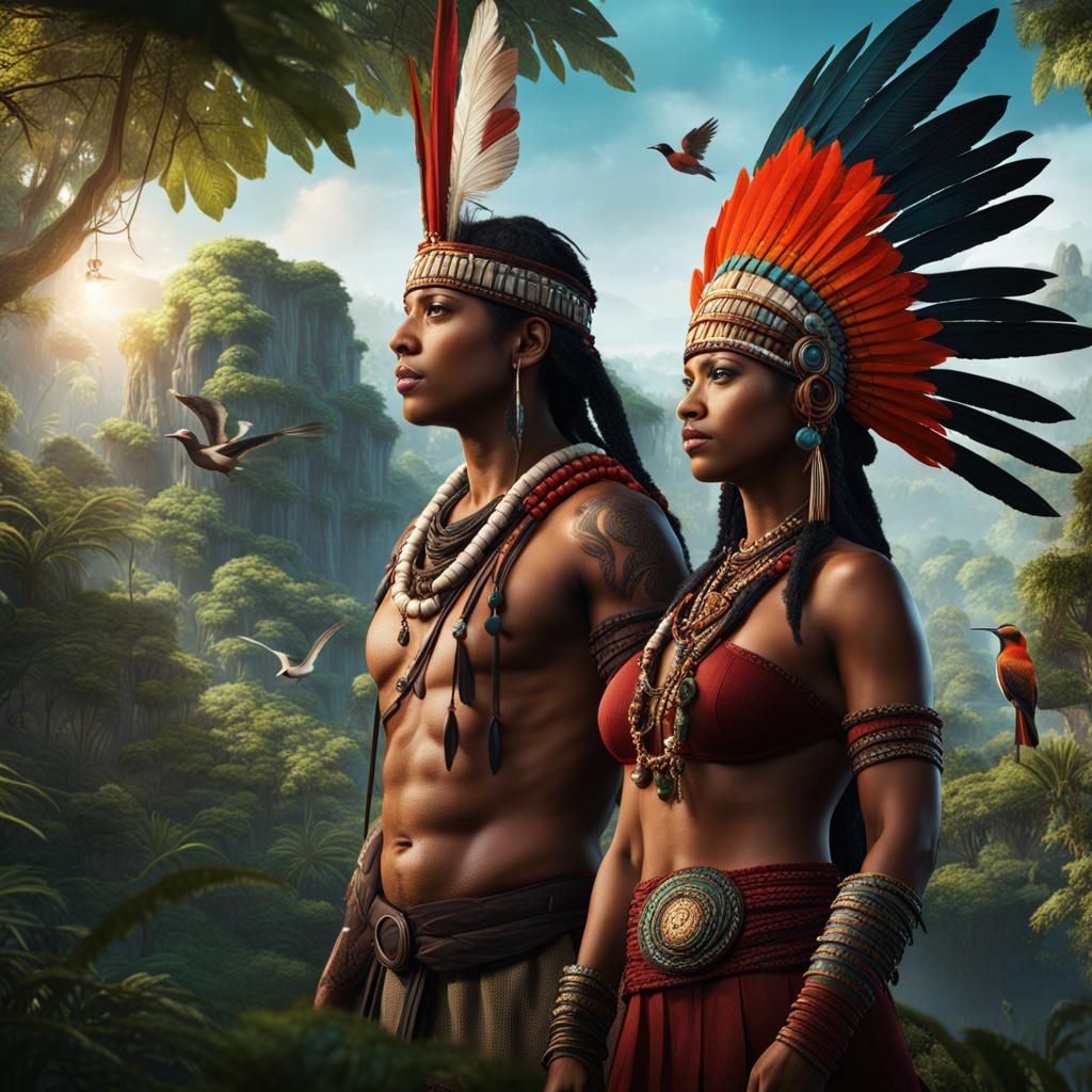 Indigenous Pair in Forest, Detailed Matte Painting