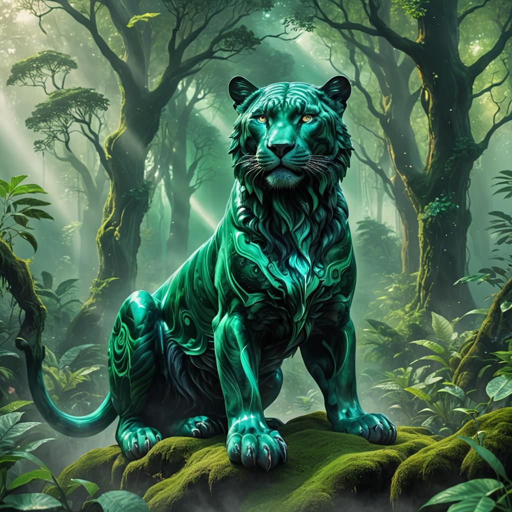 Ethereal Malachite Crystal Panther in Misty Forest