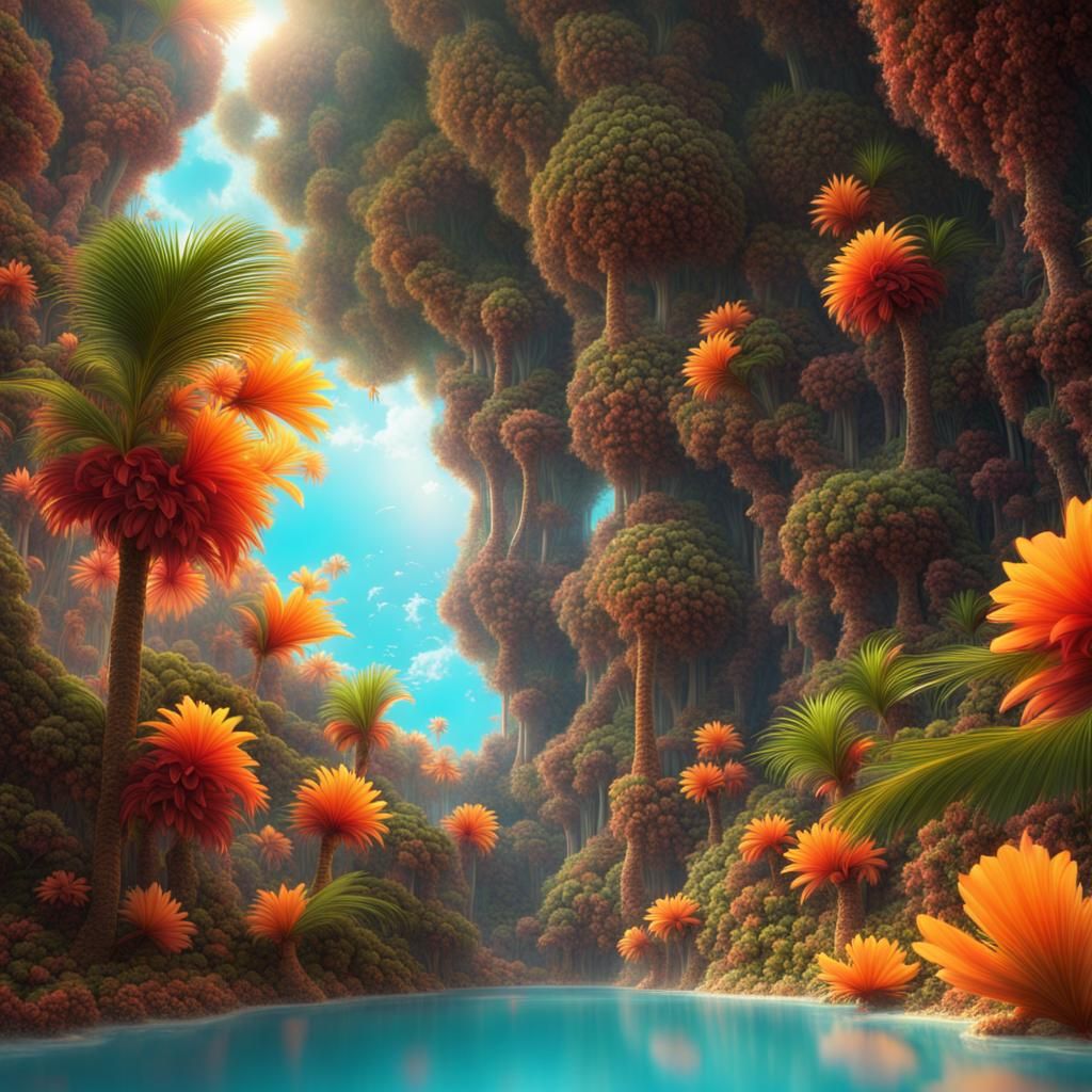Mandelbrot Tropical Oasis in Digital Matte Painting Style