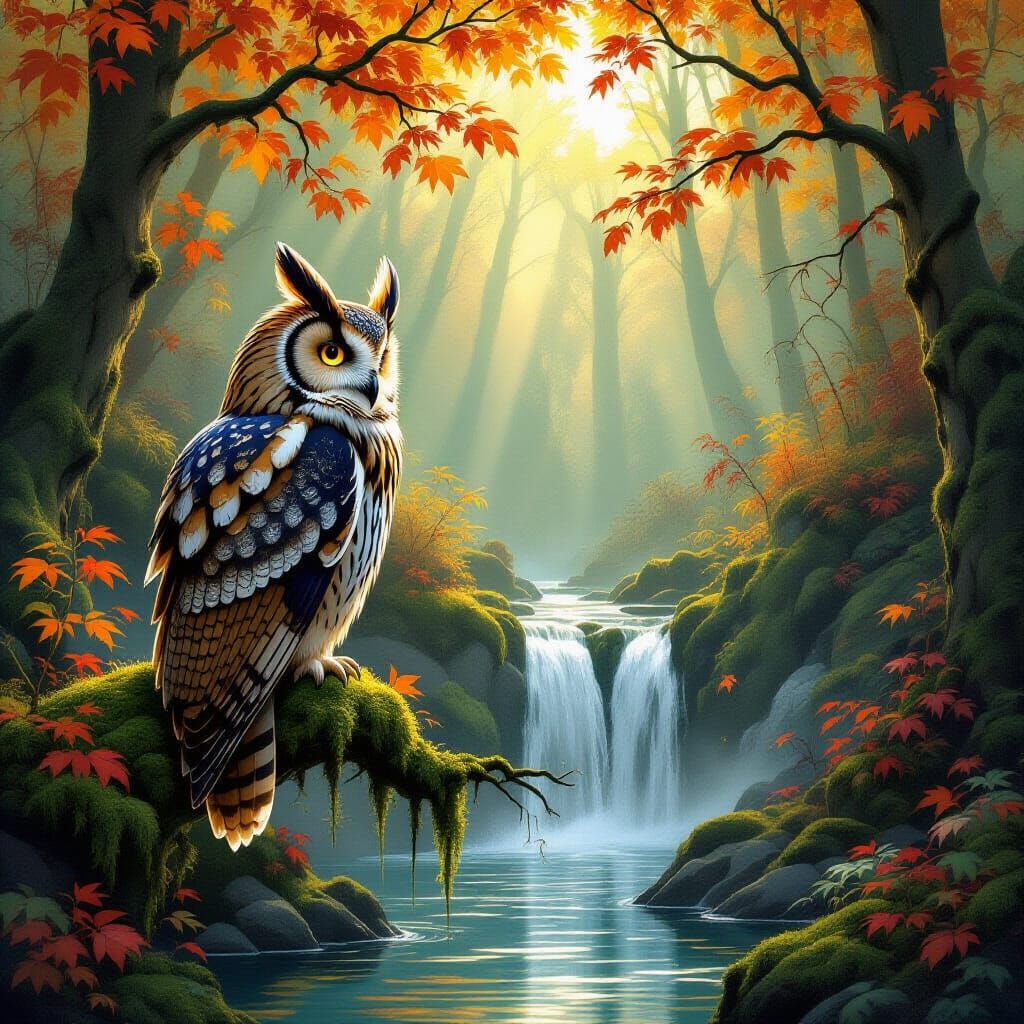Majestic Owl Overlooking Autumn Waterfall in Fantasy Style