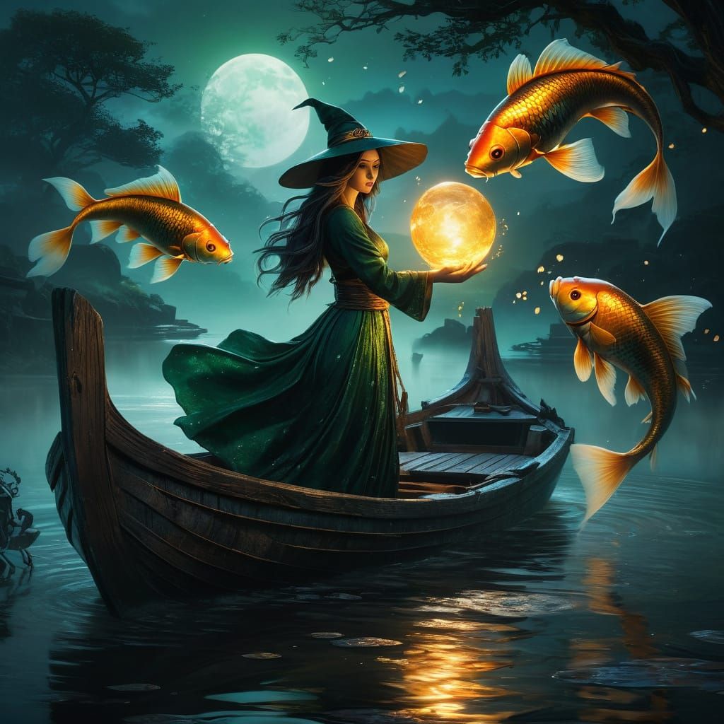 River Witch Conjuring Koi Fish in Ethereal Moonlight