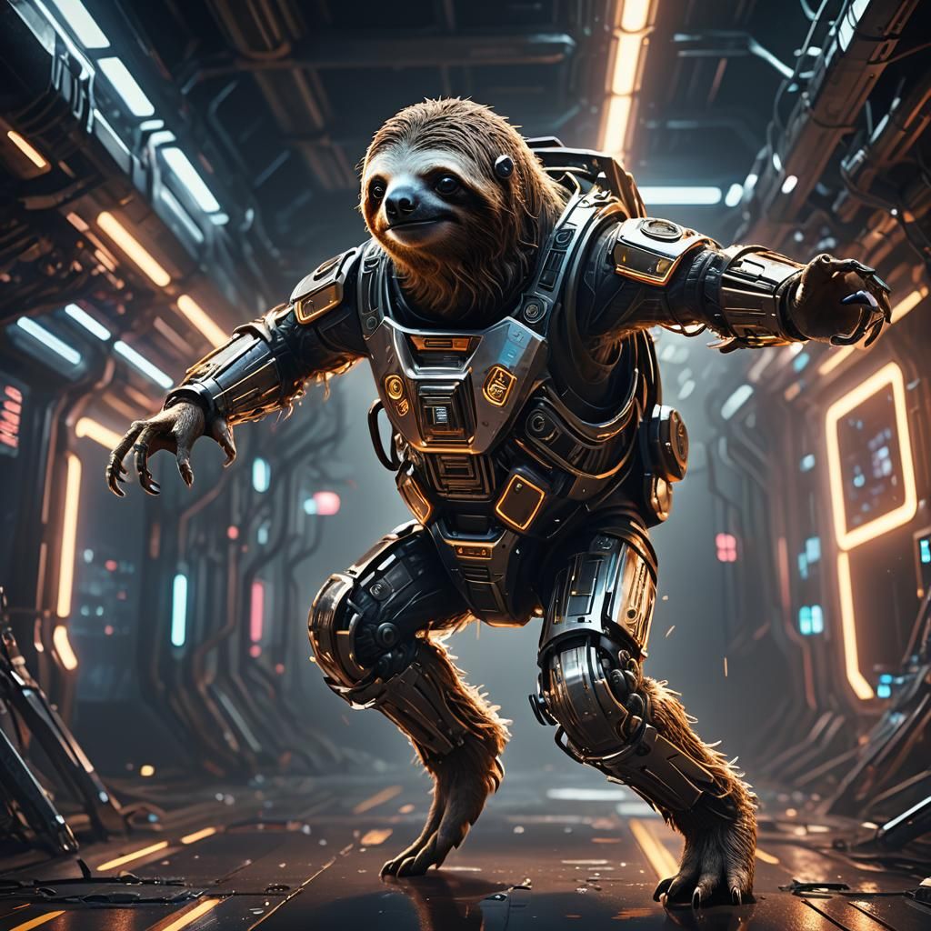 Cinematic Sci-Fi Sloth in Futuristic Exosuit