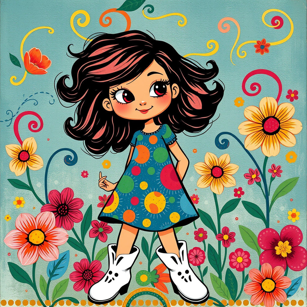 Mod Girl in Psychedelic Fairytale, Naive Cartoon Art