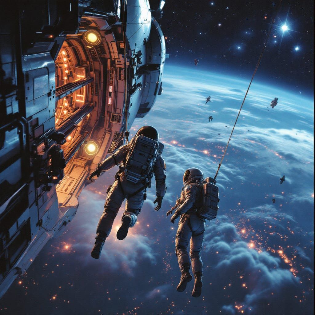 Astronauts Spacewalking Near Futuristic Space Station