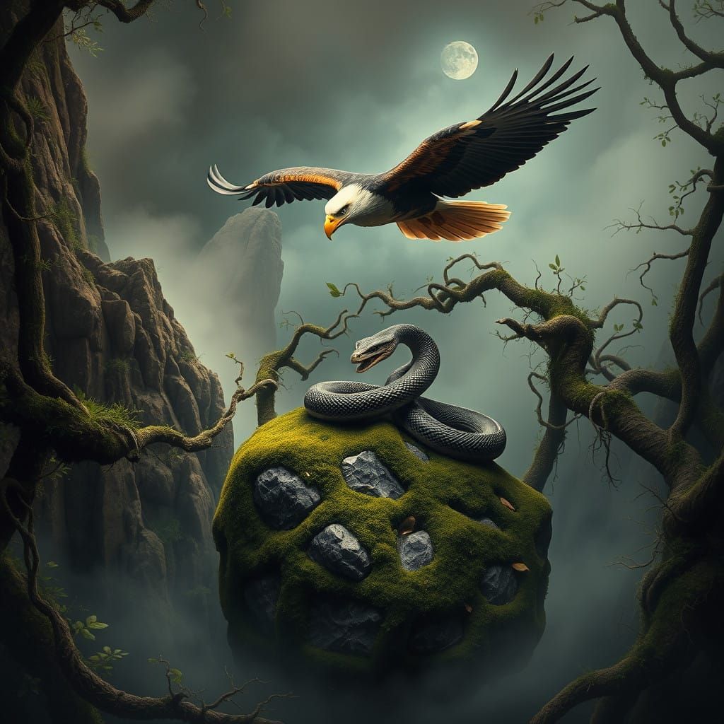 Regal Eagle in Mid-Dive, Talons Outstretched, Above a Coiled...