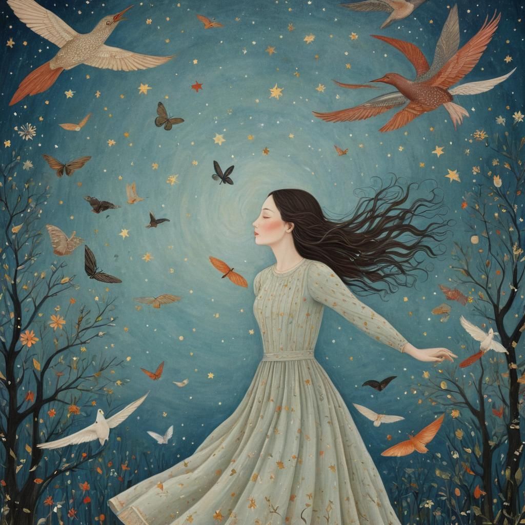 Dreamy Galaxy Illustration of Girl with Mythical Creatures