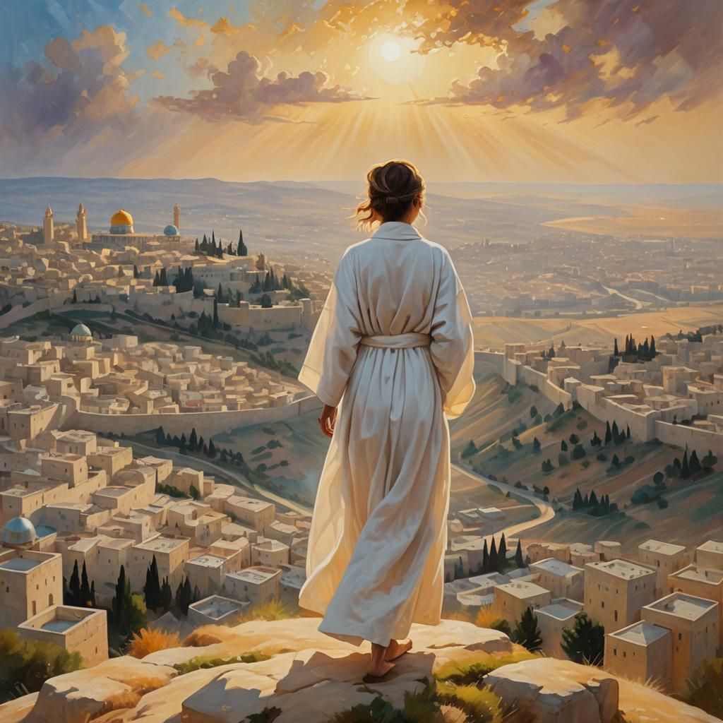 Woman Overlooking Jerusalem in Surreal Oil Painting