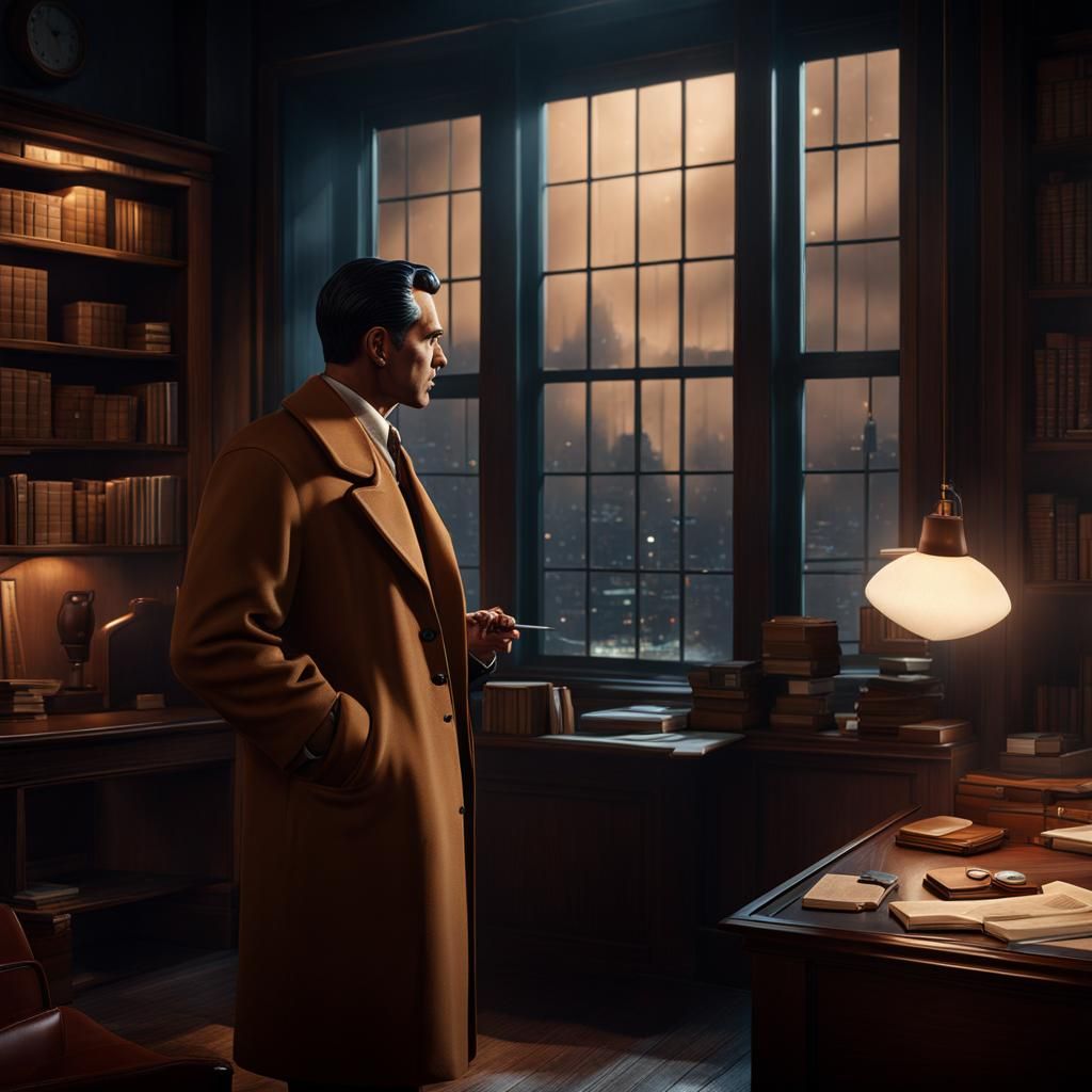 1950s Detective in Rainy Night Office