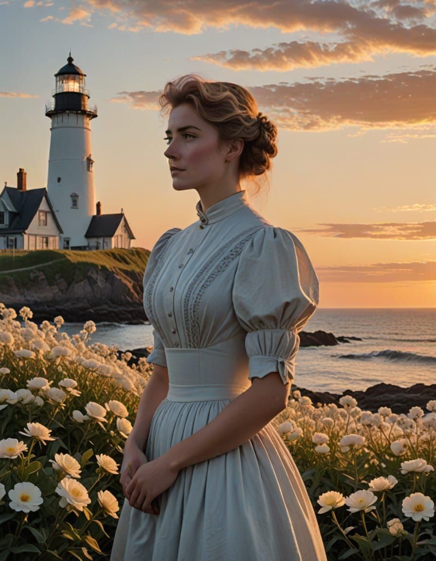 Vivacious Young Woman Stands Among Flowers in Sunset Oceansi...