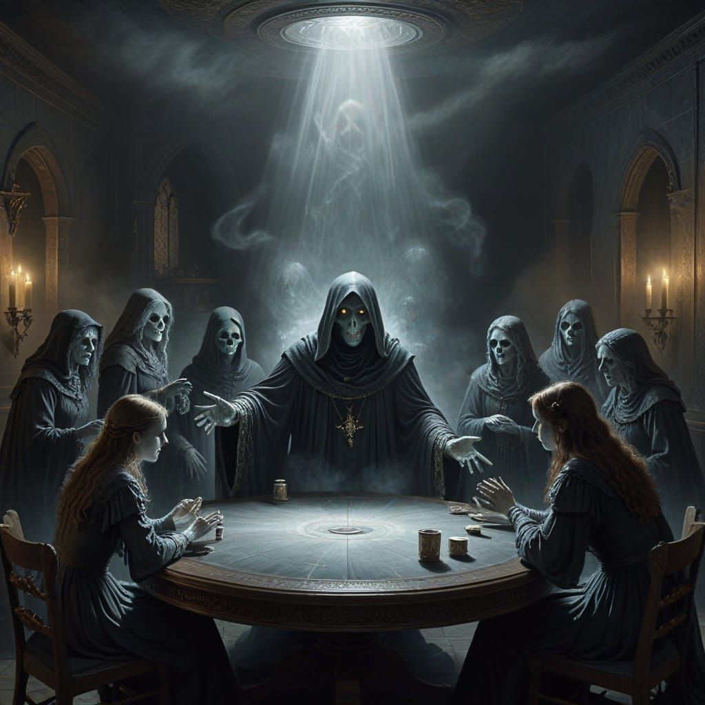 Summoners Beset by a Ghostly Apparition in a Haunting Scene