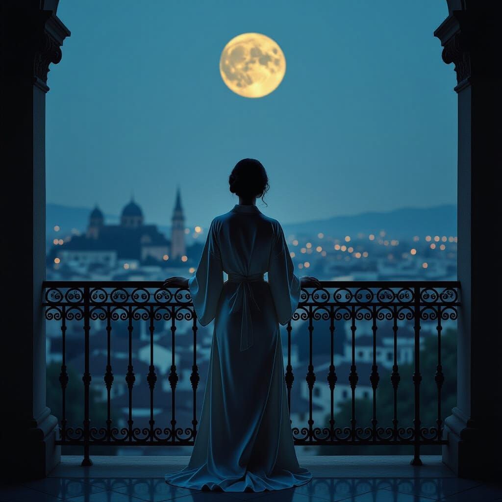 Woman on Balcony Overlooking Moonlit Cityscape
