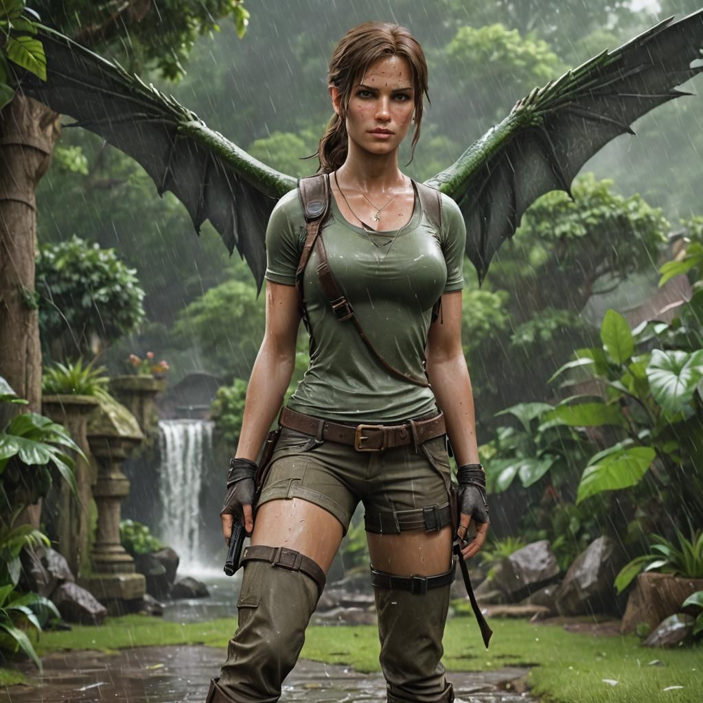 Photorealistic Lara Croft Portrait with Dragon Wings