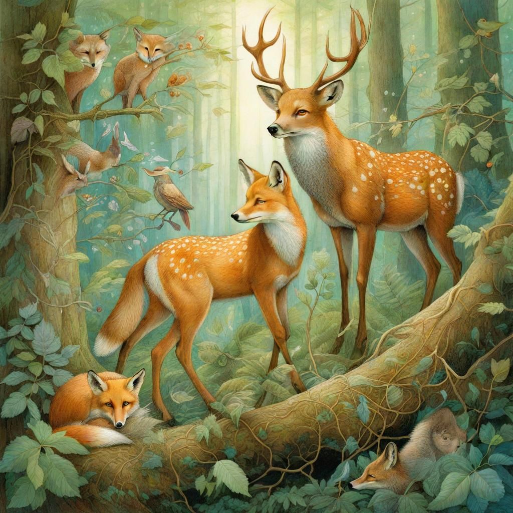 Enchanted Forest Fauna Illustration in Art Brut Style