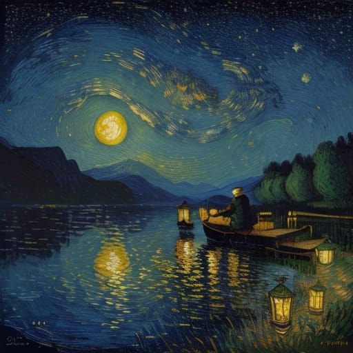 Nocturnal Fisherman Under a Starry Sky