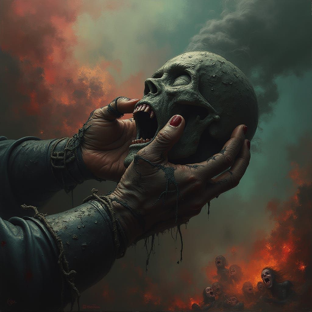 Envision a macro shot of the Devil's hand as he clutches a soul, the details of the skin, bone, and torment etched into ...