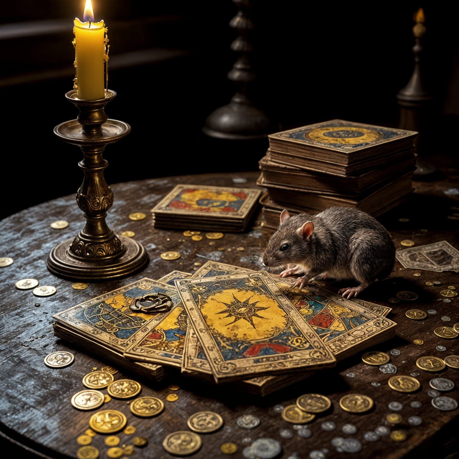 Tarot Cards Scattered on Dusty Table with Glitch Effect