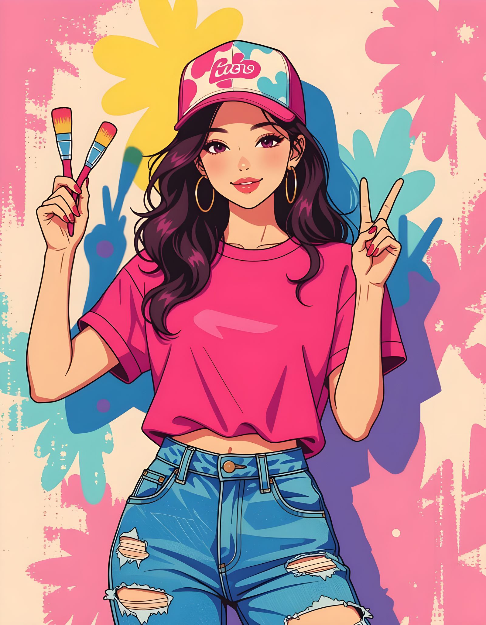 Cute Girl with Painting Brush Strikes a Cool Pose