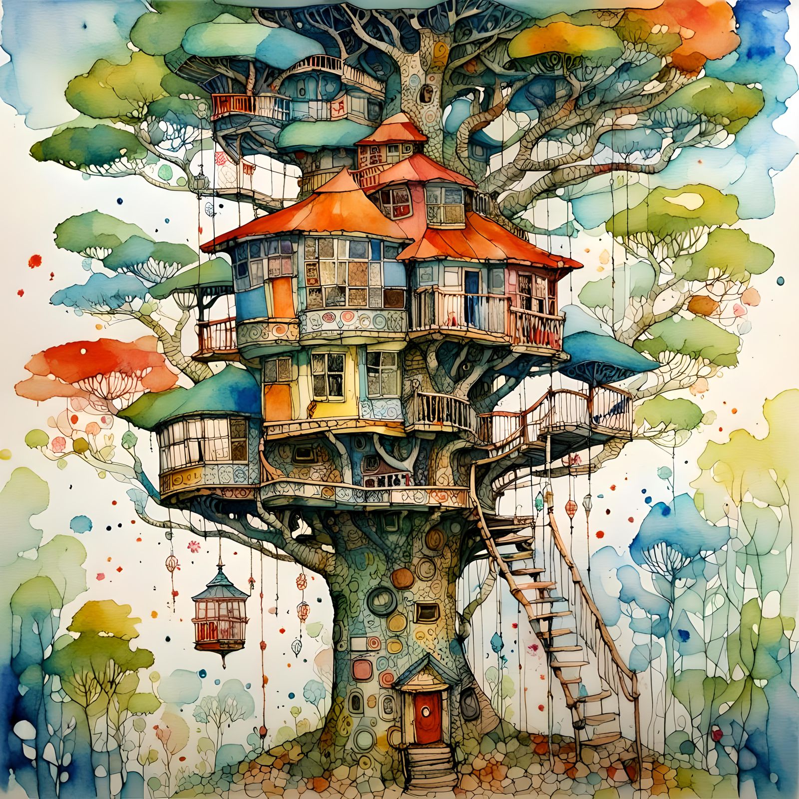 Teacup Treehouse in Watercolor Gouache Style