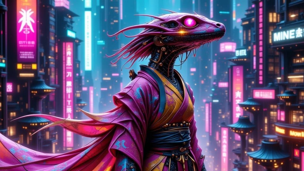 Cybernetic Reptilian Companion in Neon Neo-Kimono