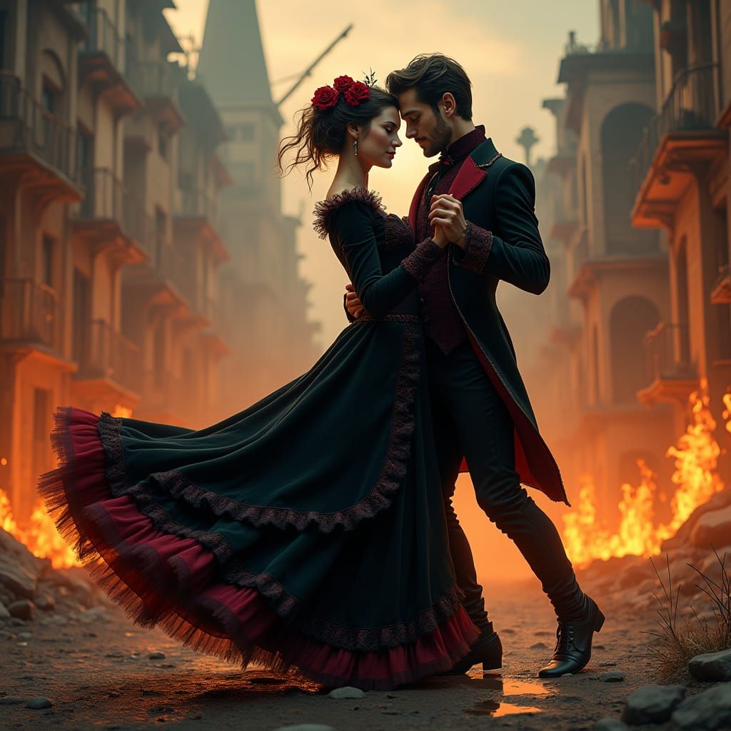 Gothic Couple Waltzing in Apocalyptic Cityscape