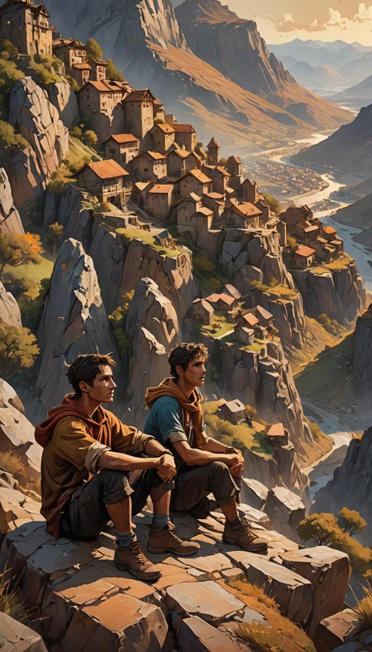 Brothers on Mountain Edge Overlooking Distant Village